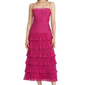 AMUR Viola Pleated Tiered Midi Dress Magenta Peacock Size 4 NWT $698